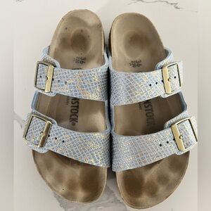 Birkenstock Metallic Light Blue/Gold Snakeskin Sandals with Gold Buckles